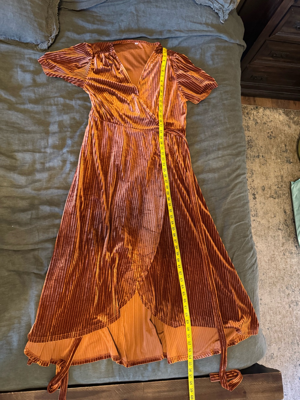 Women's Burnt Orange Velvet V Neck Wrap Dress - Picture 14 of 15